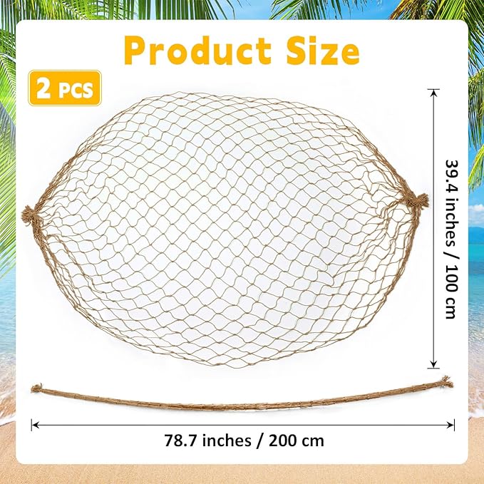 2 Pcs Fish Net Decorations, 39x78 Inch Cotton Nautical Themed Fishing Net, Wall Hanging Photo Display Fishnet for Coastal Bedroom Bathroom, Pirate Hawaiian Beach Under The Sea Party Decor,Linen Color