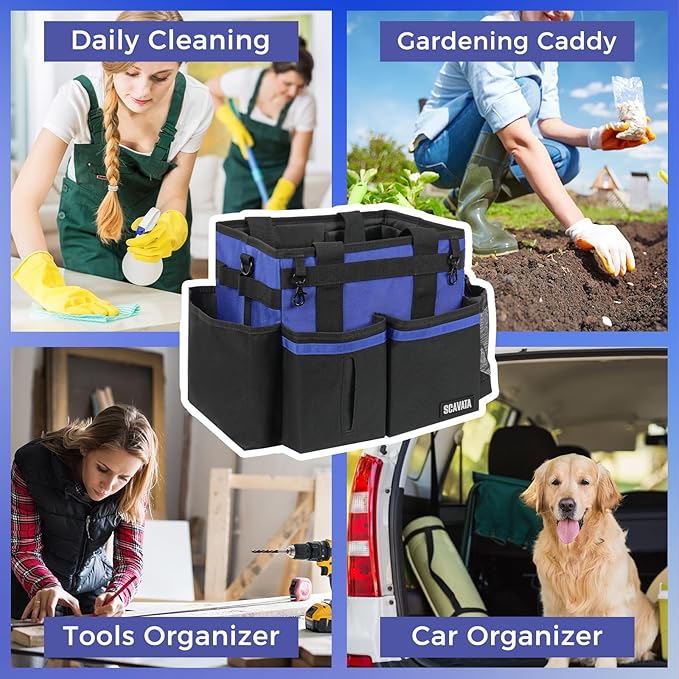 Compact Wearable Cleaning Caddy, Small Supplies Organizer with Handle & Shoulder Straps for Housekeepers, Under Sink & Car Cleaning Tool Organizer Bag (Blue)