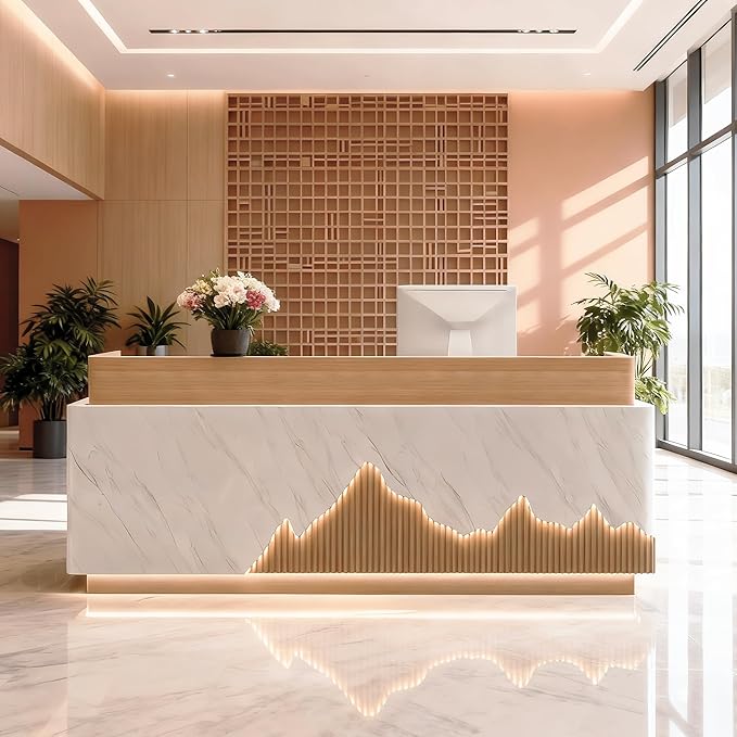 Modern Reception Desk with Counter Front Reception Table with Hidden LED Lighting Commercial Receptionist Desk Wood and White Checkout Counter Fully Assembled and Ready to Use 102inch/260cm