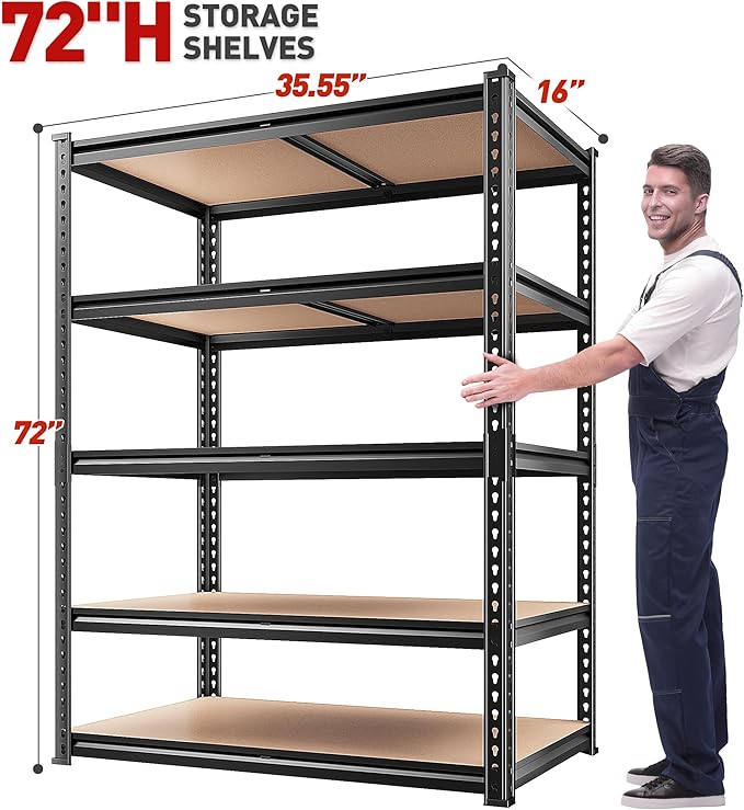 REIBII 2020LBS Storage Shelves 5 Tier Garage Shelving Heavy Duty, Adjustable Metal Shelving, Garage Shelves for Basement, Warehouse, Pantry, Closet, Kitchen 72" H x 35.55" W x 16" D, Black, 2 Pack
