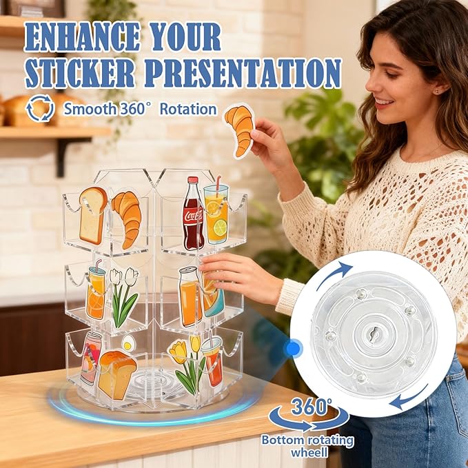 Spinning Sticker Display Stand for Vendors, 3 Tier 9 Pockets Acrylic Rotating Sticker Holder for 4'' Large Stickers, No Assembly Required Business Card Organizer Rack for Tabletop Office Home Desk