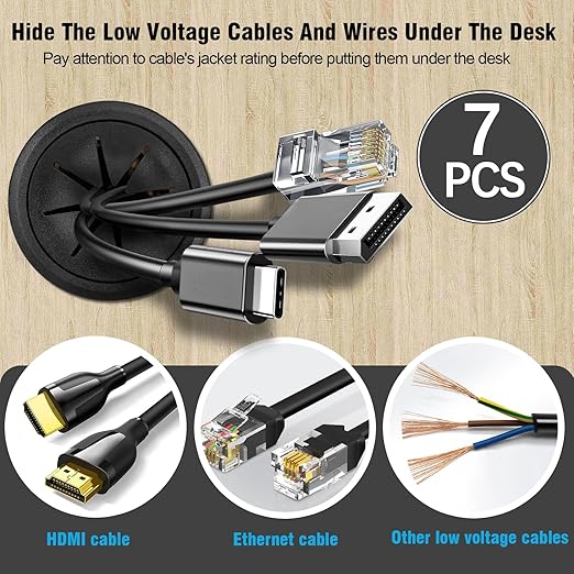 2" Black Desk Grommet, JTemgle Flexible Cable Grommet with Bi-Metal Hole Saw Plastic Cable Hole Cover Wire Organizer Caps Desktop Cord Management for Home Office TV Stands Tabletops, 7 Pieces