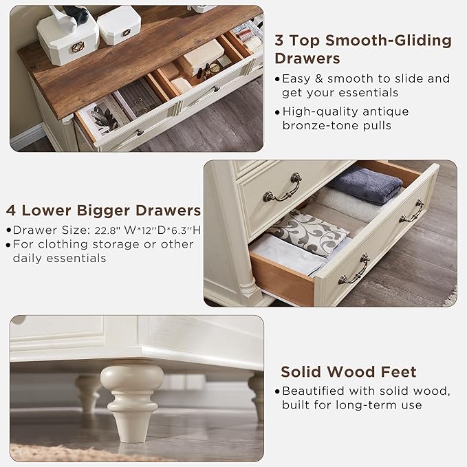 T4TREAM Farmhouse 7 Drawers Dresser Chests for Bedroom w/ 4 Solid Wood Feet & Column Decor, Tall Wide Wood Country Rustic Chest of Drawers, Storage Dressers for Bedroom, Living Room, Antique White