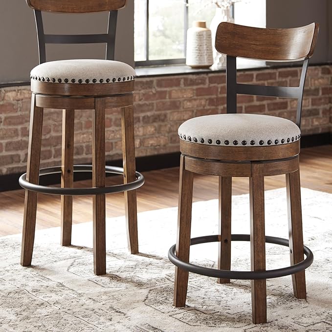 Signature Design by Ashley Valebeck | 30″ Farmhouse Pub-Height Swivel Barstool With Back – Upholstered Cushion, Nailhead Trim, Metal & Wood Frame, Brown