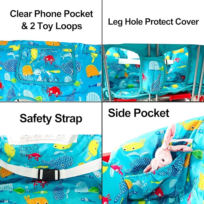 2-in-1 Shopping Cart and High Chair Cover for Baby, Padded Cover, Fold'n Roll Style, Portable with Carry Bag (Blue Seaworld)