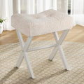 18-Inch Vanity Stool Chair, Vanity Bench with Metal X-Legs, Ottoman Accent Stool with Breathable and Soft Boucle Fabric Saddle Seat, Beige