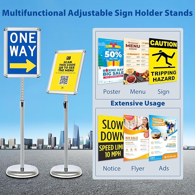 6-Packs Sign Holder Stand for Display 8.5x11 Inch - Adjustable Floor Standing Sign Holder - Pedestal Poster Stand with Vertical/Horizontal View, Indoor/Outdoor Business & Store Signage(Silver)