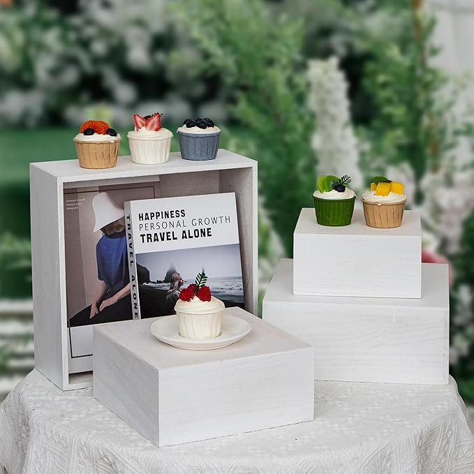 4 Pieces Wooden Cake Stands,Natural Wite Cupcake Stands for Display,12 inches Square Wooden crates,Wood Display risers for Wedding,Birthday Party,Christmas,etc. (Natural White)
