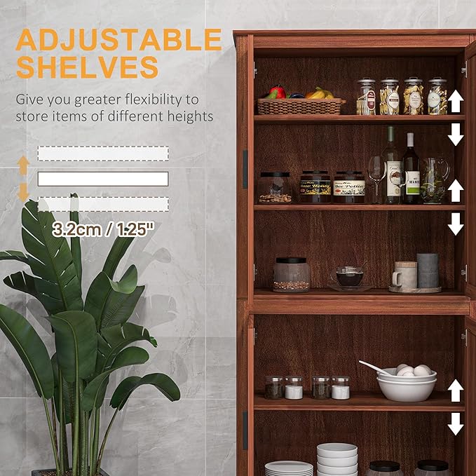 HOMCOM 64" Kitchen Pantry Cabinet, Freestanding Storage Cabinet with 4 Doors and 3 Adjustable Shelves for Dining Room, Brown