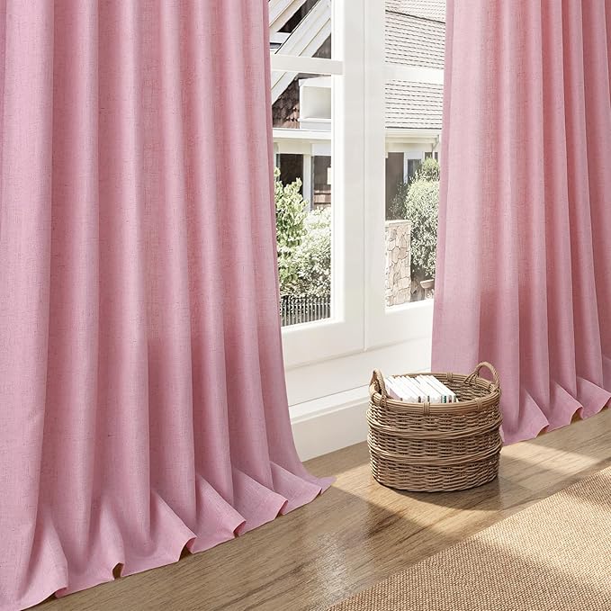 Nanspring Rose Boho Style Linen Curtains 90 Inch Long 2 Panels Set Back Tab Rod Pocket Semi Sheer Light Filtering Neutral Farmhouse Lightweight for Bedroom and Living Room 52x90