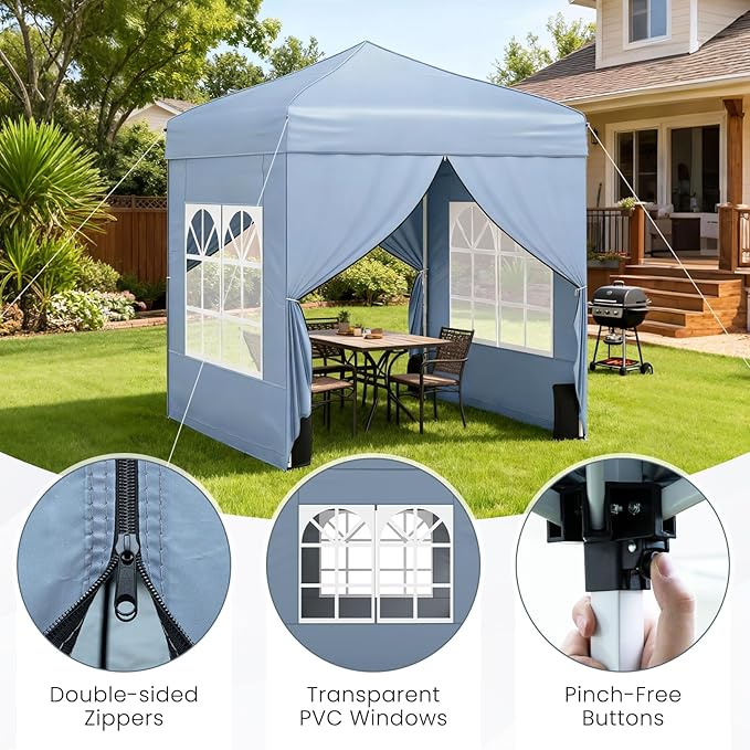 Tangkula 6.5x6.5 FT Pop Up Canopy, UPF50+ Outdoor Canopy Tent with 2 Removable Sidewalls, 2 Zippered Doors, Heavy-Duty Carbon Steel Frame, Wheeled Bag, 4 Sandbags, 8 Stakes, 4 Wind Ropes (Gray)