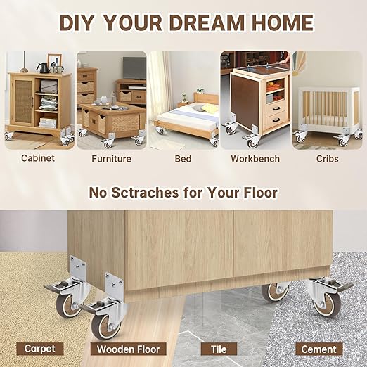 W B D WEIBIDA 3 Inch Side Mount Casters Wheels, L-Shaped Rubber Casters Set of 4, 360 Degree Ball Bearing Swivel Casters, Heavy Duty Locking Casters Wheels for Workbench, Baby Beds, Cabinets, Tables
