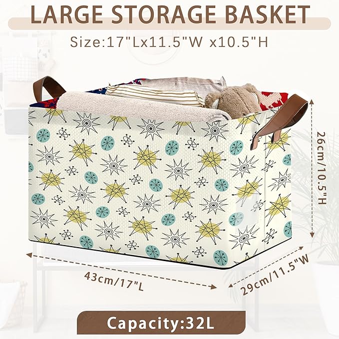 Mid Century Modern Storage Basket Large 17x11.5x10.5 Inche-Collapsible Fabric Organizer Bin with Handles for Living Room, Bedroom, Blankets-Decorative Hamper with Vintage Geometric Design-Single Pack