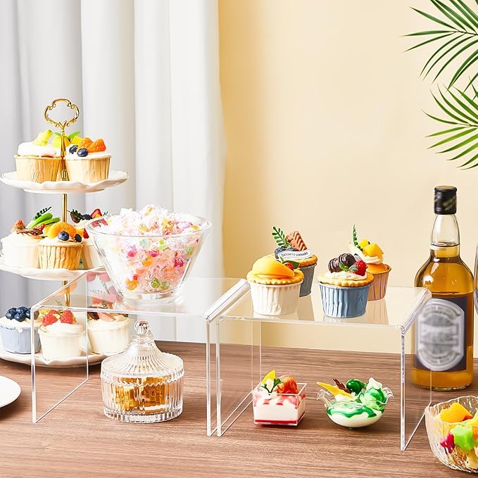 2 Pcs 8 Inch Large Acrylic Risers Display Stands 5 mm Thick Acrylic Shelf Riser Showcase for Collectibles Jewelry Cupcakes Food Figures Perfume Cabinet (Clear)