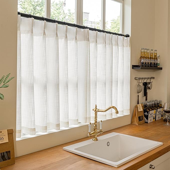 Cream Ivory Linen Pleated Curtains 30 Inch Length Light Filtering Semi Sheer Mini Curtains for Small Window Basement Bathroom Pinch Pleat Boho Farmhouse Short Kitchen Drapes Laundry Room RV 40x30