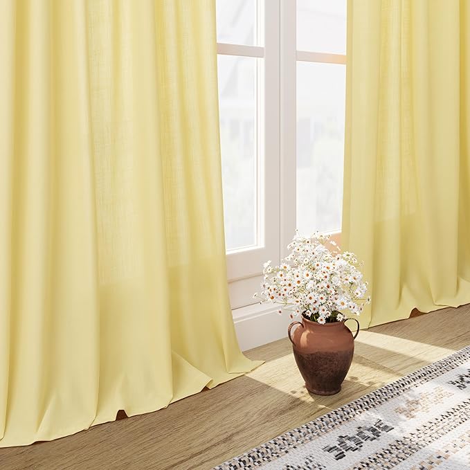 Nanspring Yellow Linen Semi Sheer Curtains 72 Inch Length for Living Room Back Tab Rod Pocket Modern Farmhouse Coastal Decor Cotton Textured Gauze Curtains 72 Inches Long for Dining Room Office 52x72