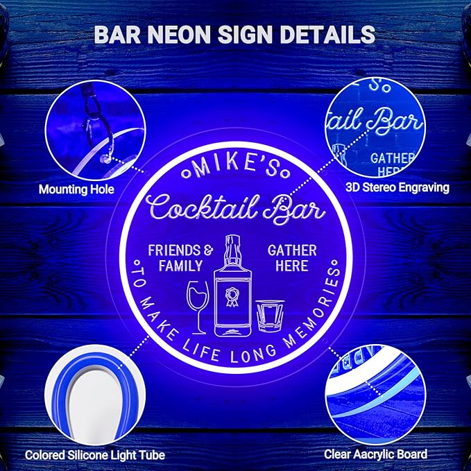 Custom Cocktail Bar Neon Sign for Man Cave, Personalized LED Neon Cocktail Signs for Wall Decor, Customized Bar Light Up Signs for Tavern Basement Pub Bistro Lounge Drunkery, Men Dad Gifts