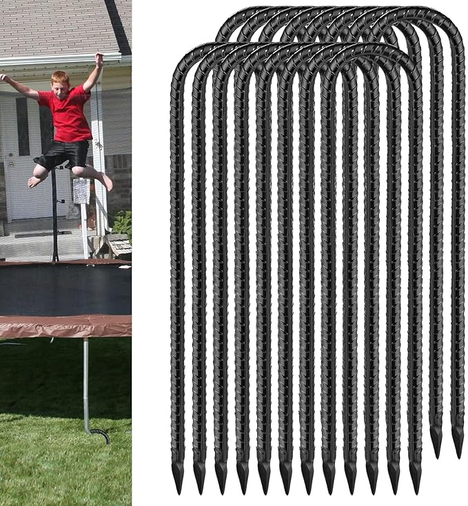 Rebar U Stakes 12 Inch - 16 Pack Black Galvanized Steel Heavy Duty Ground Anchors for Trampoline,Tent,Tarp,Soccer Goal,Garden Stake & Yard Art