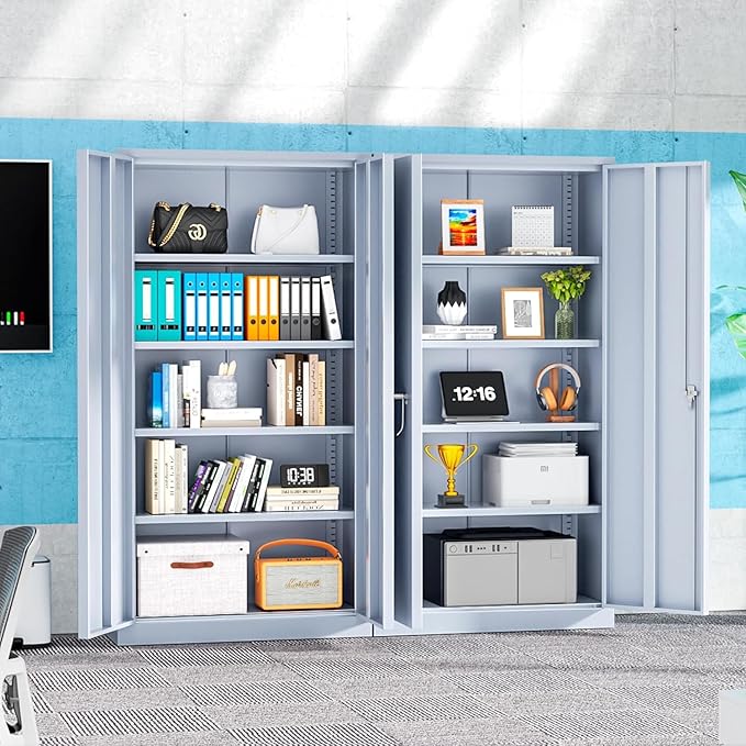 INTERGREAT Metal Garage Storage Cabinet with Lock, 72" Storage Cabinet with Locking Doors and 4 Adjustable Shelves, Lockable Steel Tool Cabinet for Home Office, School, Cement Grey