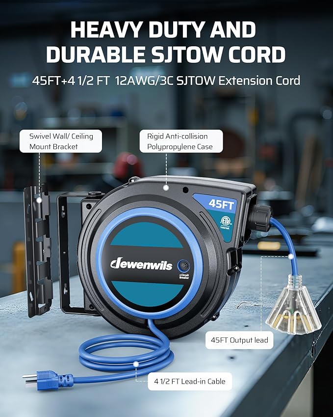 DEWENWILS 45FT Retractable Extension Cord Reel with Twist-lock Stopper, 12/3C/15A SJTOW Power Cord Reel, Lightweight and Portable, for Home Maintenance, Garages, Workshops, ETL Listed, Blue