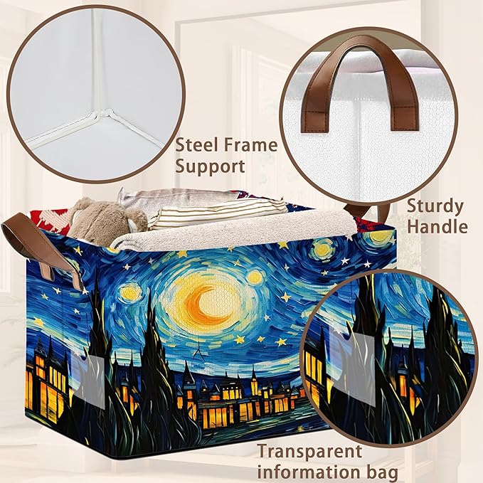 Artist Inspired Floral Storage Basket Large 17x11.5x10.5 Inche-Collapsible Fabric Organizer Bin with Handles for Living Room, Blankets-Decorative Hamper with Impressionist Flower-Single Pack