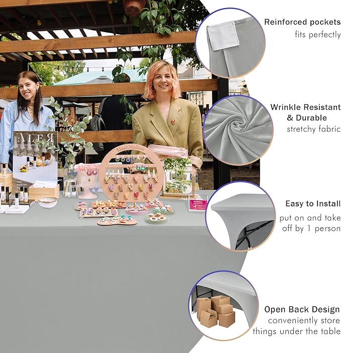 Nasitos 2 Pack 8 ft Table Cloth Rectangle Tables-Open Back Spandex Fitted Tablecloth, Grey Stretch Table Covers Washable and Wrinkle Resistant for Trade Show, Parties, Wedding, Banquet, Cocktails