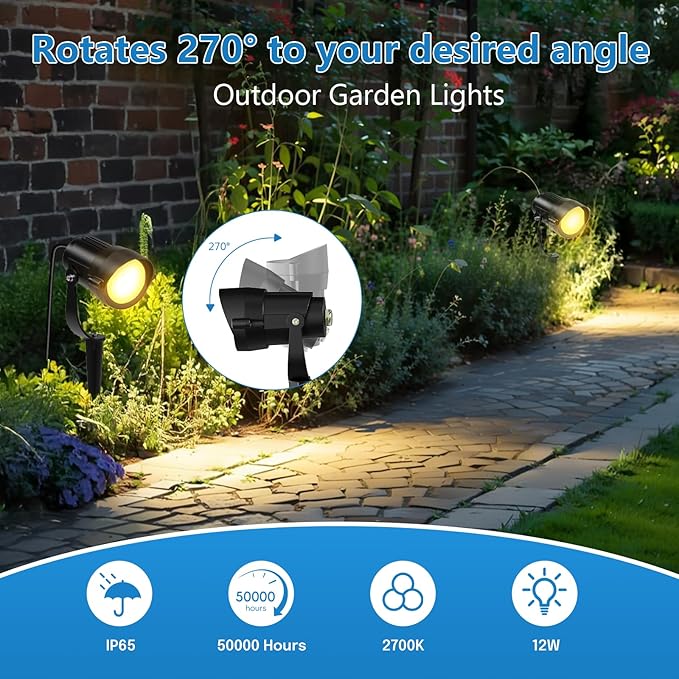 HIBOITEC 12W Spot Lights Outdoor 120V Landscape Lighting Waterproof Spotlight with 4.9ft 3-Plug LED Plug in Landscape Lights for Yard Gardern Decorations 2900K 1Pack