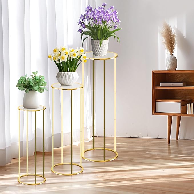 3PCS Gold Metal Cylinder Pedestal Stands - Round Plant Display Columns for Party Decor, Floral Arrangements, Vase Displays, Birthday Wedding Backdrop Decorations