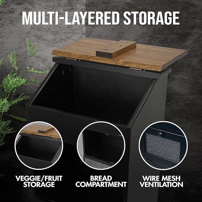 Peaceful Classics Potato Storage Wood Box, Wooden Bread Bins, Decorative and Onion Bin, Bin w/Grocery Section, Vegetable w/Lid for Kitchen Pantry, Black, KS302B