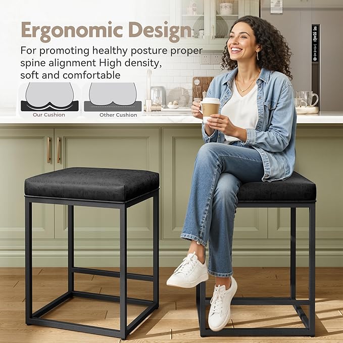 MAISON ARTS Bar stools Set of 4 Black | Counter Height for Kitchen Island | Modern Metal Frame 24" Backless Stools | Faux Leather Upholstered Farmhouse Bar Height Seating