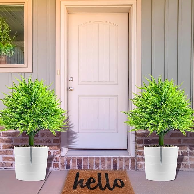 2 Artificial Boston Fern with Integrated Ground Stake 24'' Realistic UV Resistant Faux Plant with Spike for Indoor Outdoor Garden Yard Spring Summer Wedding Decoration