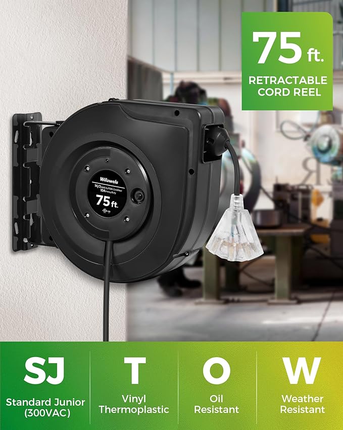 Retractable Cord Reel, 75 FT Heavy Duty Extension Cord, 14AWG/3C SJTOW, 3 Grounded Outlets Lighted Triple Tap, 10A Circuit Breaker, Wall/Ceiling Mounted, UL Listed, Black H75CR06