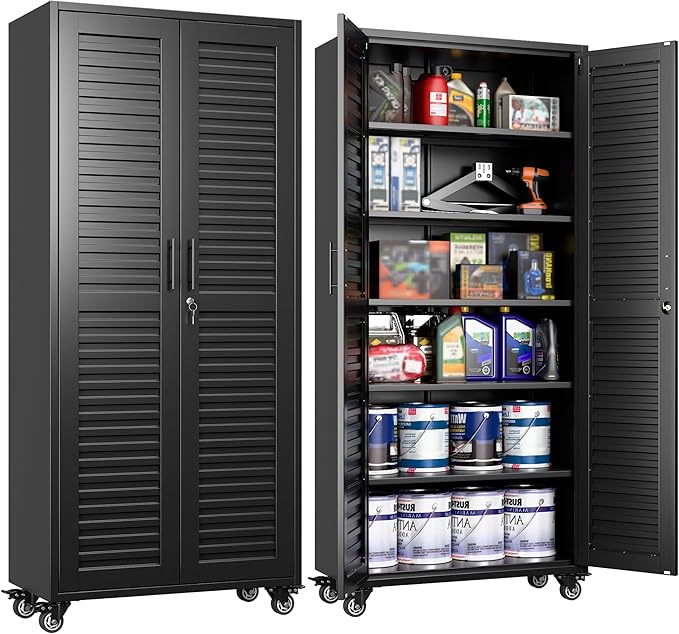 Aobabo 71H''*32''W*16''D Metal Garage Storage Cabinet with Wheels,5 Adjustable Shelves Steel Storage Cabinets for Home,Warehouse,Garage,Assembly Required,Black