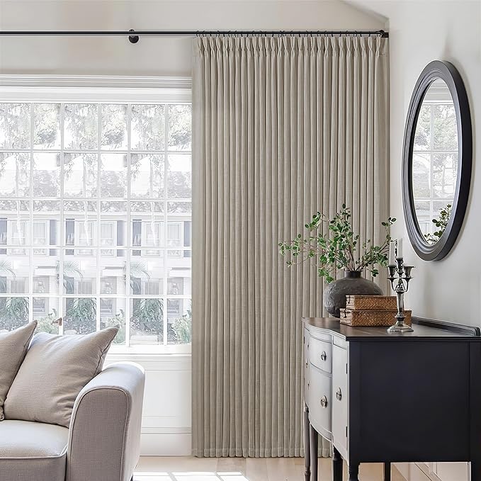 Taupe Burlywood Pinch Pleat Linen Curtains 102 Inches Long 70 Inch Wide for Patio Sliding Door Light Filtering Semi Sheer Pleated Drapes Back Tab Extra Wide 70 x 102 Curtain for Living Dining Room