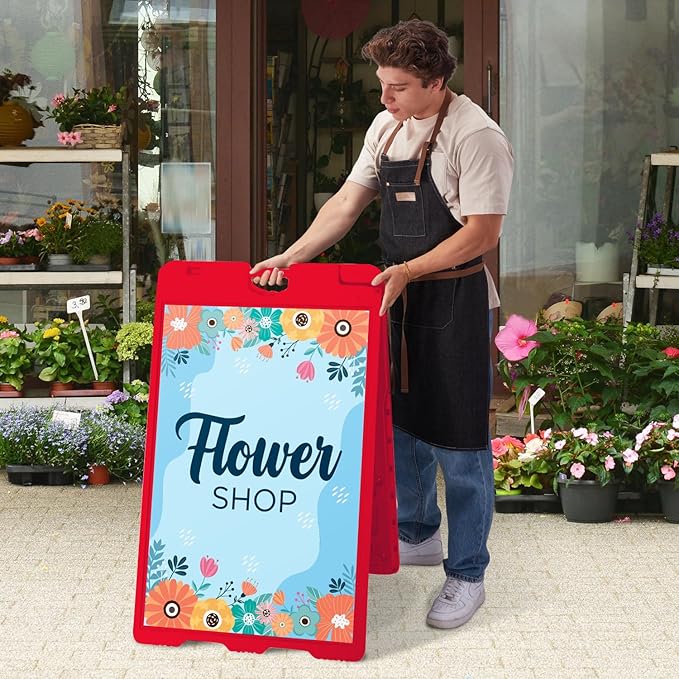 Jumbl Outdoor A-Frame Sandwich Signboard 24” x 36” Display Surface – w/PVC Sign Protector & Sand Fill Holes – Duel Display Signage Stand for Storefront Sidewalk Curb (Red)