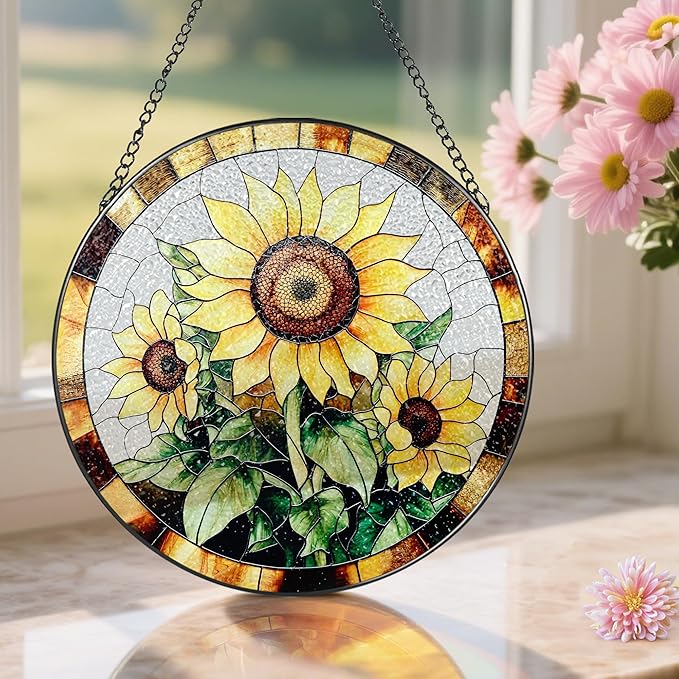 Sunflower Stained Glass Suncatcher, Stained Glass Window Hanging, 8 Inch Sunflower Suncatcher, Sunflower Glass Window Decor, Christmas, Mother's Day, Birthday, Gifts for Mom, Grandma Gift