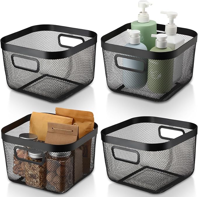 4 Pack Metal Mesh Basket with Hollow Handles Black Wire Storage Bin for Organizing Stackable Metal Fine Mesh Basket for Pantry Bathroom Kitchen Cabinets Shelves (Medium)