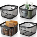 4 Pack Metal Mesh Basket with Hollow Handles Black Wire Storage Bin for Organizing Stackable Metal Fine Mesh Basket for Pantry Bathroom Kitchen Cabinets Shelves (Medium)