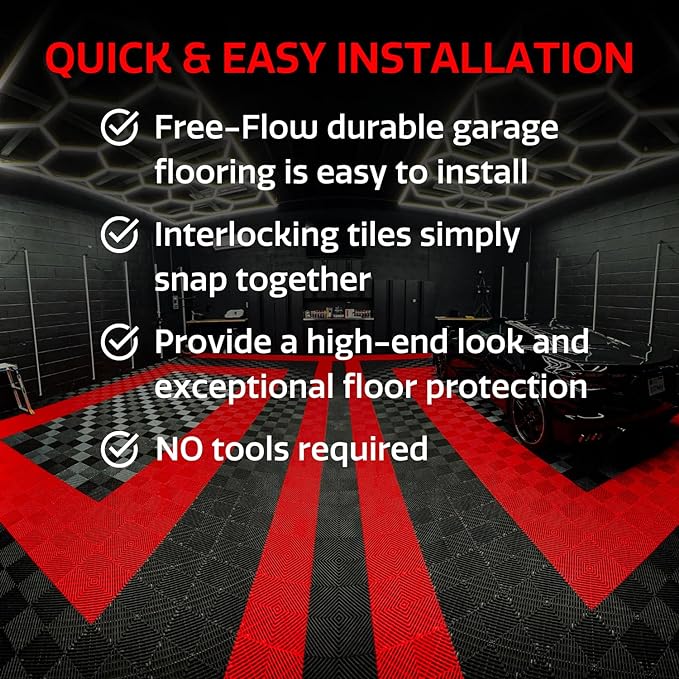 RaceDeck Free-Flow Open Rib Self-Draining Design, Durable Copolymer Plastic Interlocking Modular Garage Flooring Tile (Red, 48 Pack of 12 x 12" Tiles)