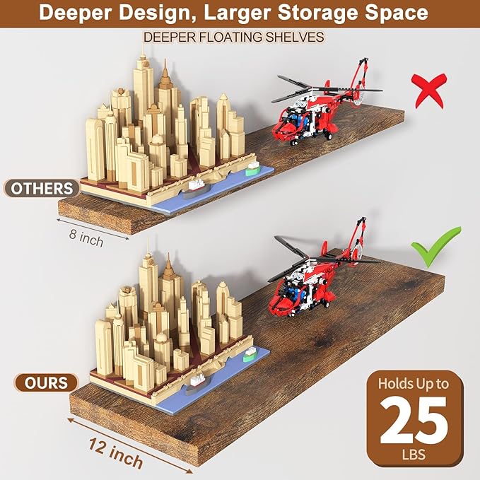 12 Inch Deep Floating Shelves for Wall 3 Pack Floating Shelfs Large Storage Space Wall Decor Display Shelf for Bathroom Living Room Bedroom Kitchen 23.8" W x 12" D x 1.2" H Rustic Brown