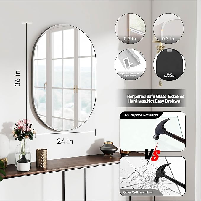 36x24 Mirror Runway Oval Wall Mounted Aluminum Alloy Metal Frame Rectangle Mirrors for Entryway Bedroom Bathroom Living Room 36 24 inch Silver