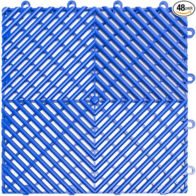 RaceDeck Free-Flow Open Rib Self-Draining Design, Durable Copolymer Plastic Interlocking Modular Garage Flooring Tile (Bright Blue, 48 Pack of 12 x 12" Tiles)