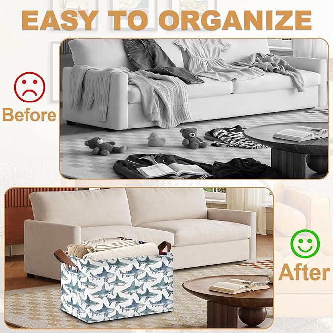 Sharks Storage Bin with Handles, Basket Storage Organizer for Shelves, Closet, Nursery, Book, Laundry Hamper & Home Decor
