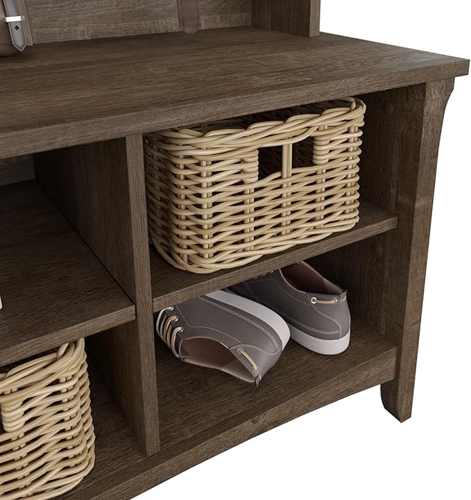 Bush Furniture Salinas Hall Tree with Shoe Storage Bench in Ash Brown, Multi-Purpose Home Organizer, Entryway Solution with Seating and Hooks