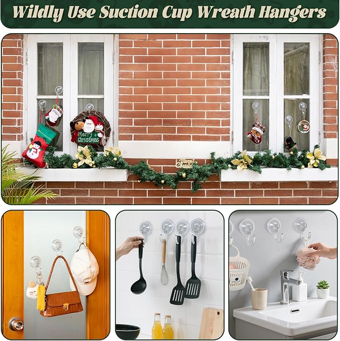 Wreath Hangers for Front Door, 2 Pack Large Suction Cup Wreath Hooks, Clear Wreath Hanger for Glass Window, Shower, Kitchen, Christmas Wreaths, Holds up to 18 lbs