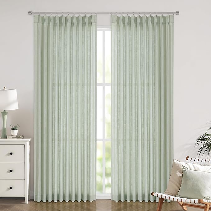 Vision Home Soft Green Pinch Pleated Semi Sheer Curtains Textured Linen Blended Light Filtering Window Curtains 72 inch for Living Room Bedroom Patio Pinch Pleat Drapes with Hooks 1 Panel 60" Wx72 L
