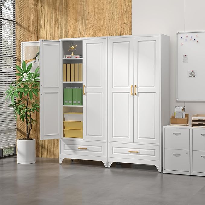 75" Kitchen Pantry Cabinet with Drawer, Metal Storage Cabinets with Doors and 4 Adjustable Shelves,White Kitchen Cabinet with 2 Gold Handles,Food Cupboard for Livingroom,Pantry, Bathroom