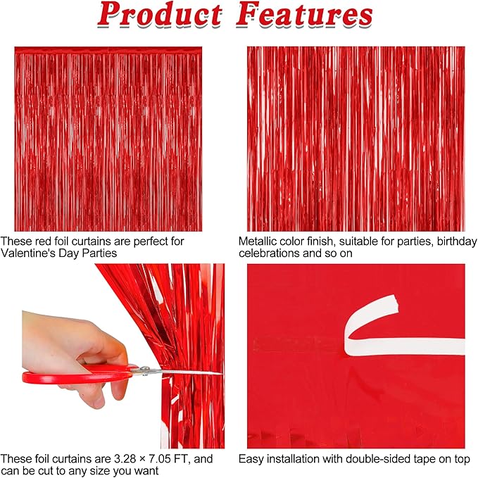 8 Pack Red Backdrop, 3.28 FT x 7.05 FT Streamer Party Decorations, Metallic Foil Fringe Curtains Party Streamer Photo Booth Backdrop, Red Tinsel Valentines Day Party Decor for Engagement Birthday