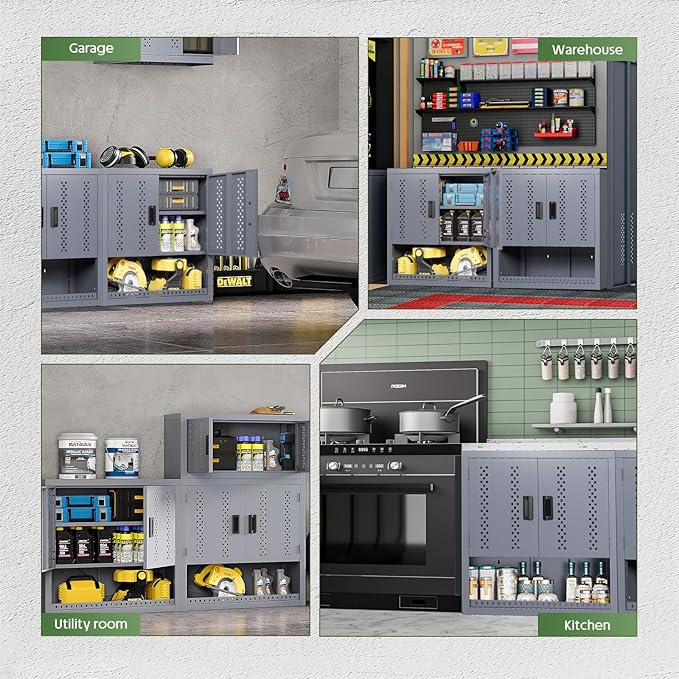 Metal Garage Wall Cabinet, Wall Mounted Storage Cabinets with Doors, Floating Steel Cabinet with Adjustable Shelves and Open Drawer, Heavy-Duty Tool Organizer for Warehouse, Basement, Kitchen
