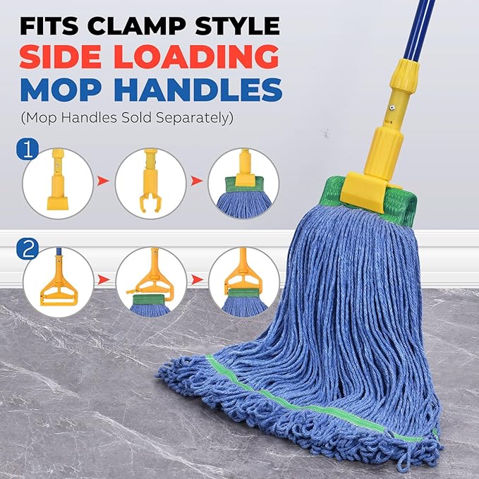 Onesimus 28 oz Heavy Duty Mop Head Replacement, 5 Inch Headband for Quick Change Handle, Blue Loop-End Cotton Blend String Wet Dry Floor Mop Refill Commercial Cleaning Supplies, 6 Pack X-Large
